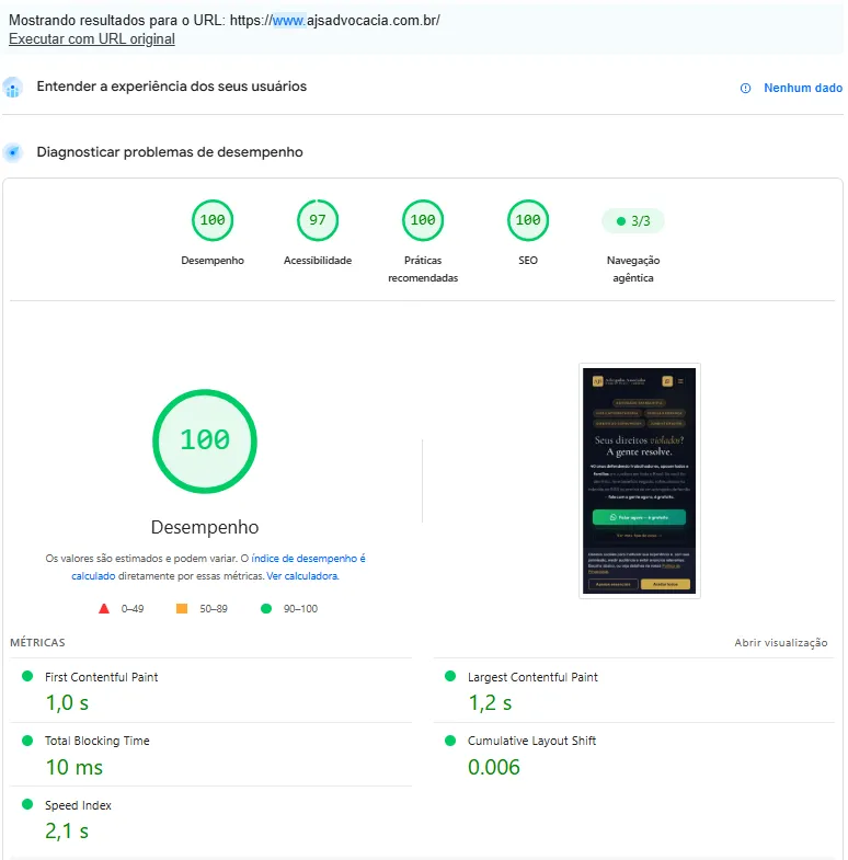 Relatório do Lighthouse para celular mostrando pontuação de desempenho 100, SEO 100 e acessibilidade 97 no site do escritório.